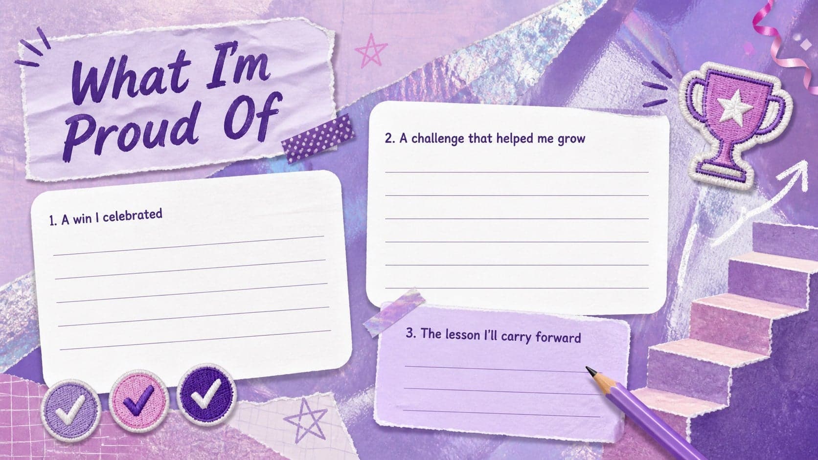 Yearly achievements worksheet in a playful purple collage style with prompts for wins, growth, and lessons learned.