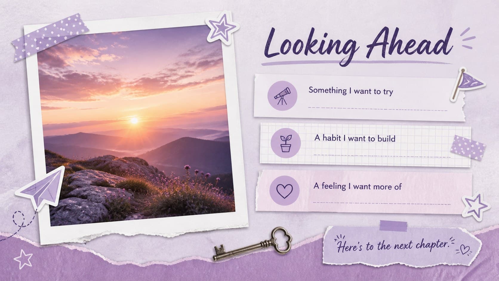 Closing page from a personal milestones recap template with purple goal-setting prompts and a future-focused photo frame.