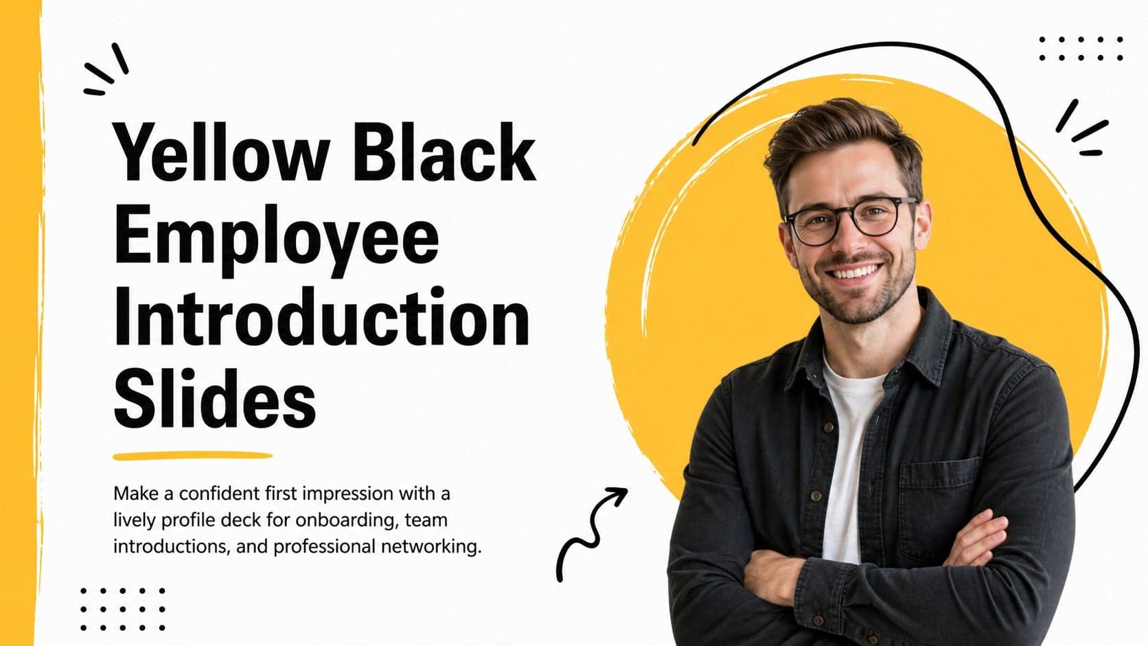 Cover slide for yellow black employee introduction slides with a bold professional profile title.