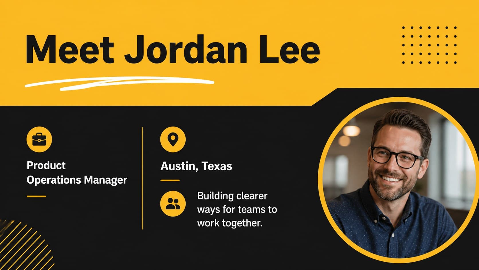 Employee introduction slide showing a clean personal bio layout in a yellow and black workplace theme.
