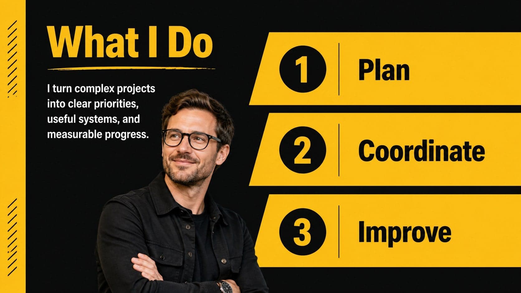 Role overview slide from a new hire introduction slides deck with responsibilities arranged in bold blocks.