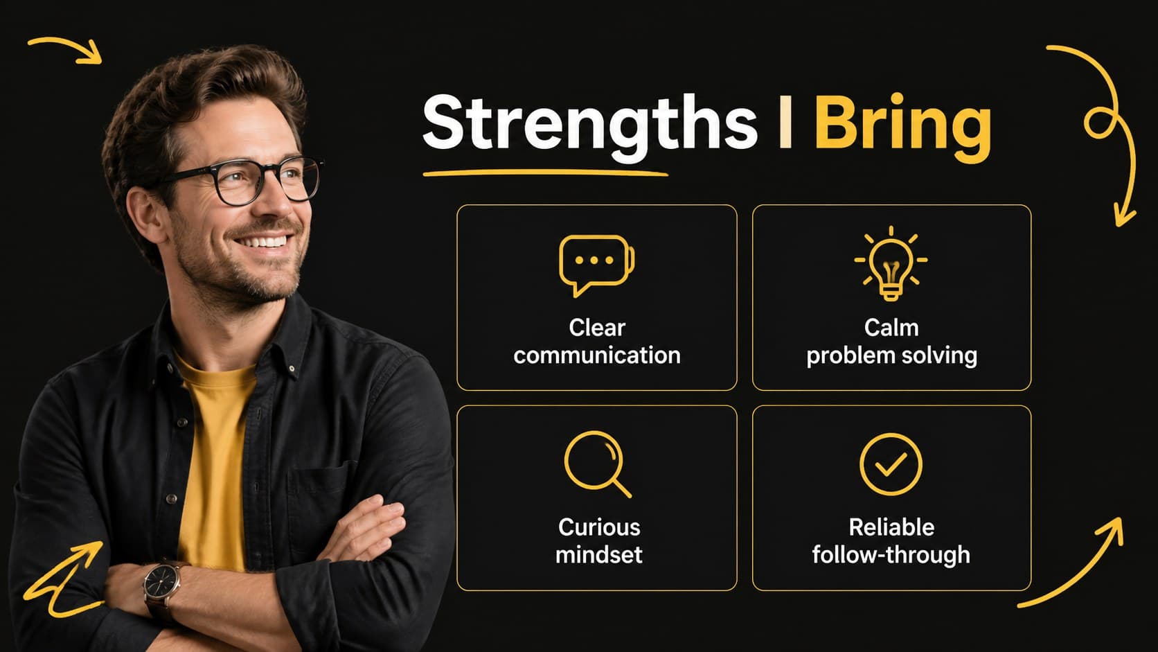 Employee onboarding profile slide highlighting strengths with a simple yellow black comparison layout.