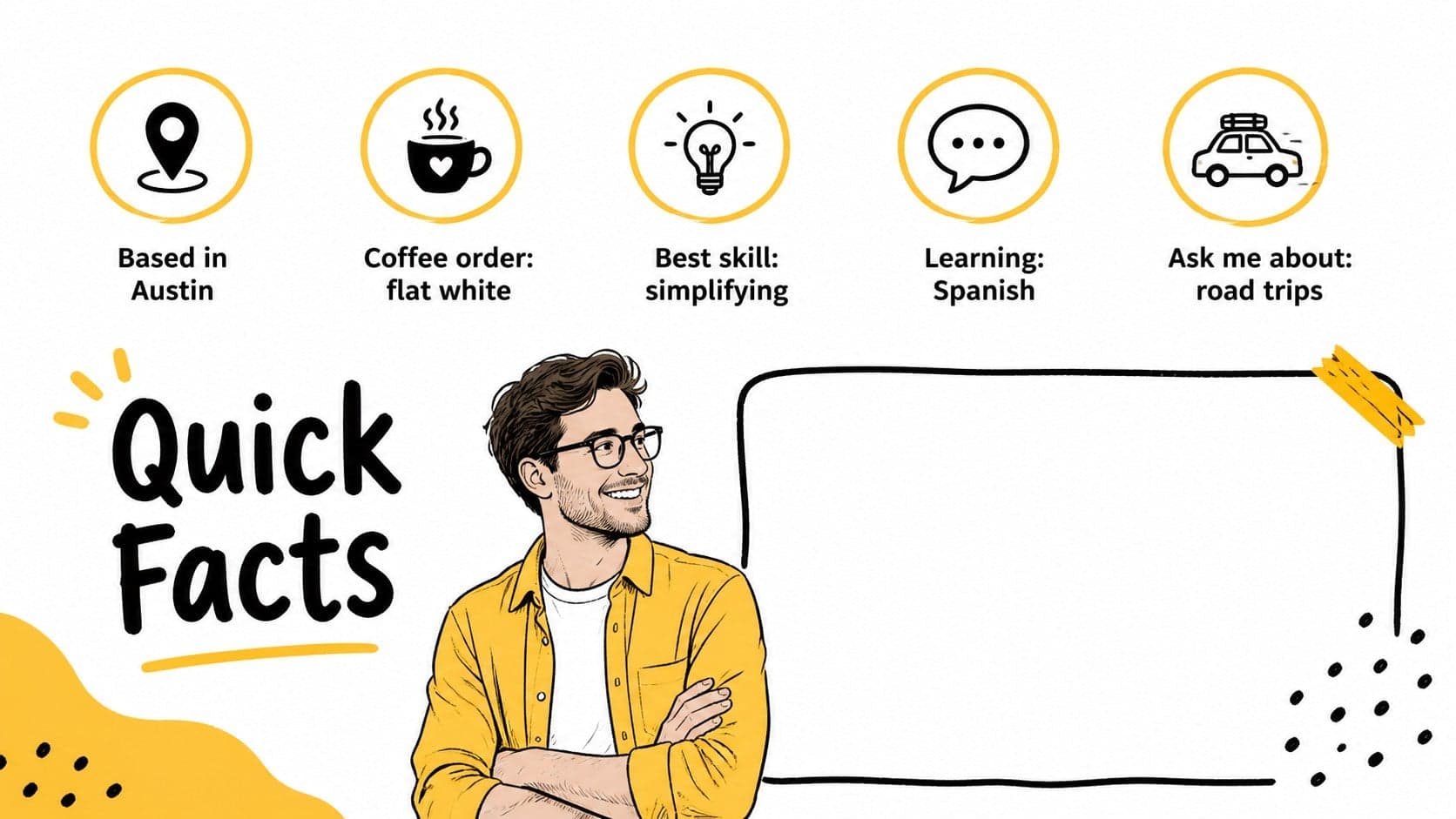 Personal introduction slides page with quick facts displayed as bold icon-led callouts.
