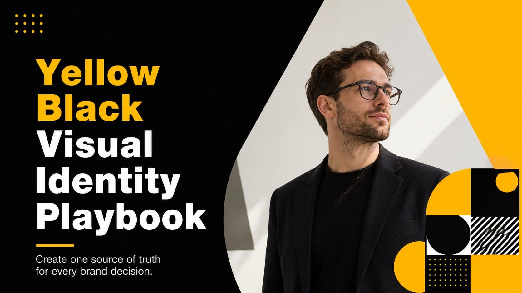 Cover for the Yellow Black Visual Identity Playbook with bold typography and geometric yellow-and-black graphics.