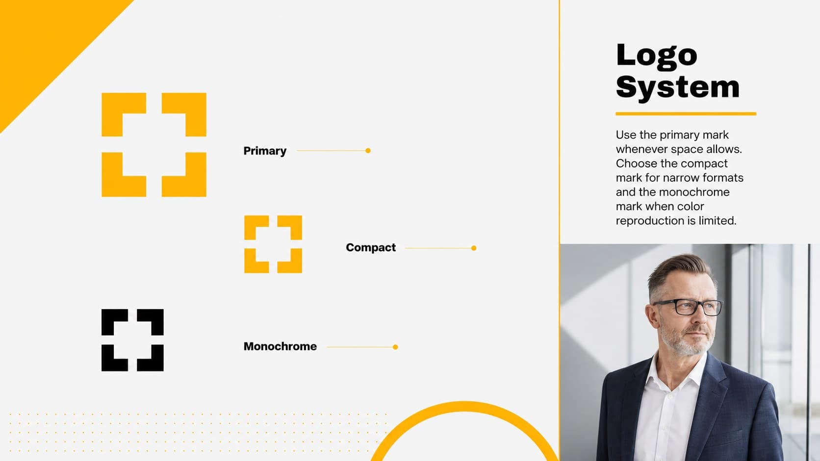 Logo usage guidelines presentation slide explaining primary, compact, and monochrome logo configurations.