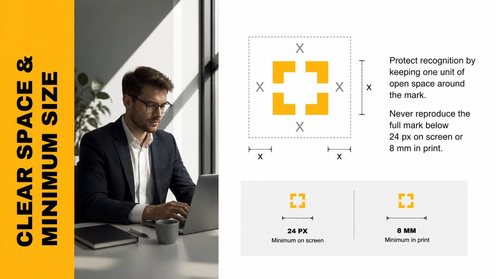 Logo clear-space standards slide with spacing measurements and minimum-size guidance.