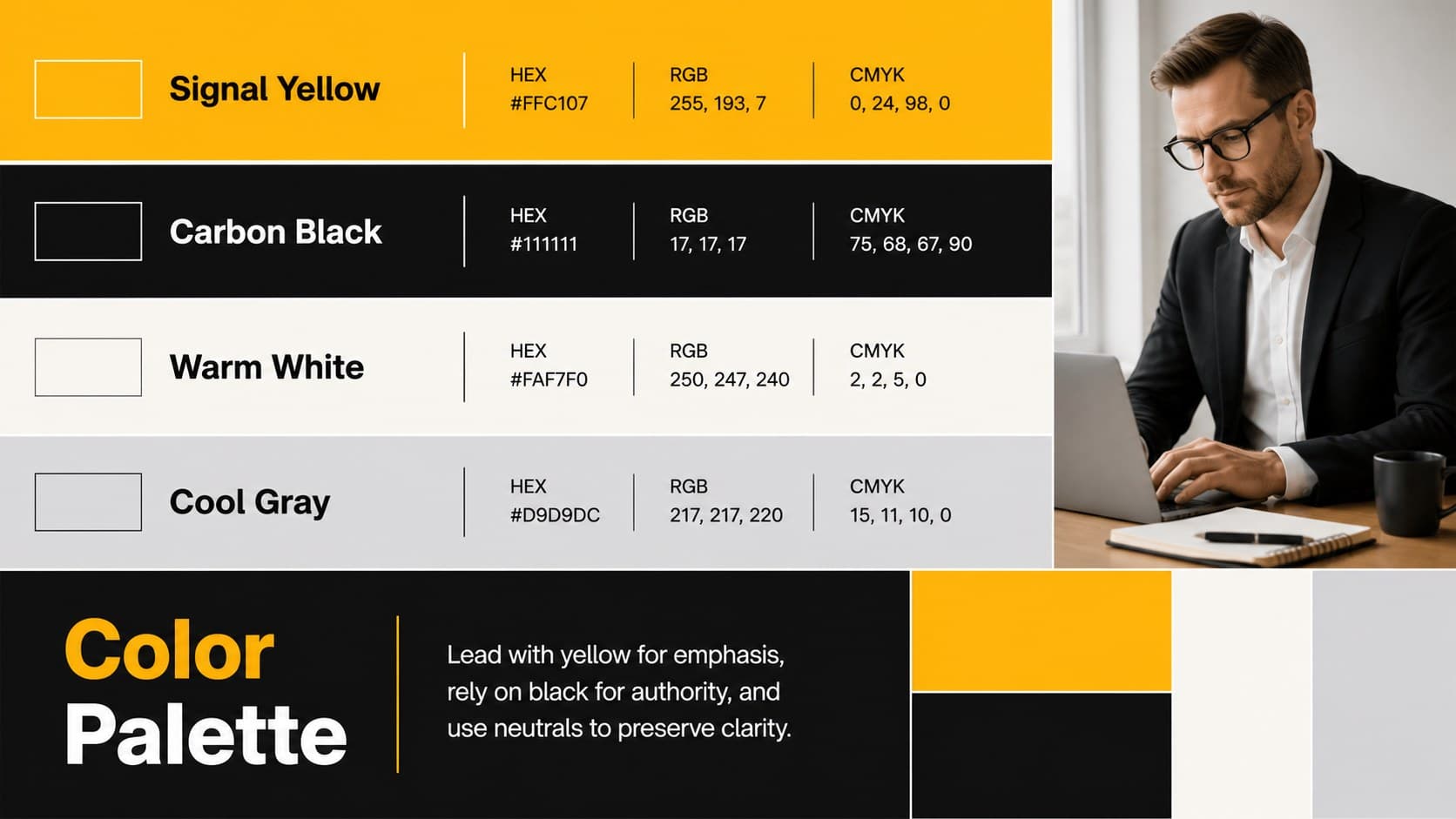 Yellow and black style guide template slide displaying primary and supporting color specifications.