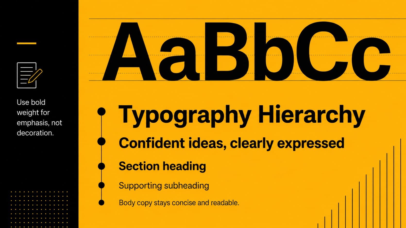 Corporate typography standards slide showing headline, subheading, and body text hierarchy.