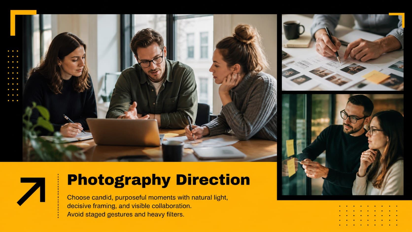 Brand photography direction slide featuring authentic workplace imagery and composition principles.