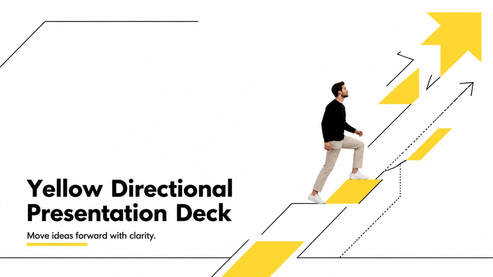 Cover slide for a yellow directional presentation deck with a bold upward graphic and concise business subtitle.