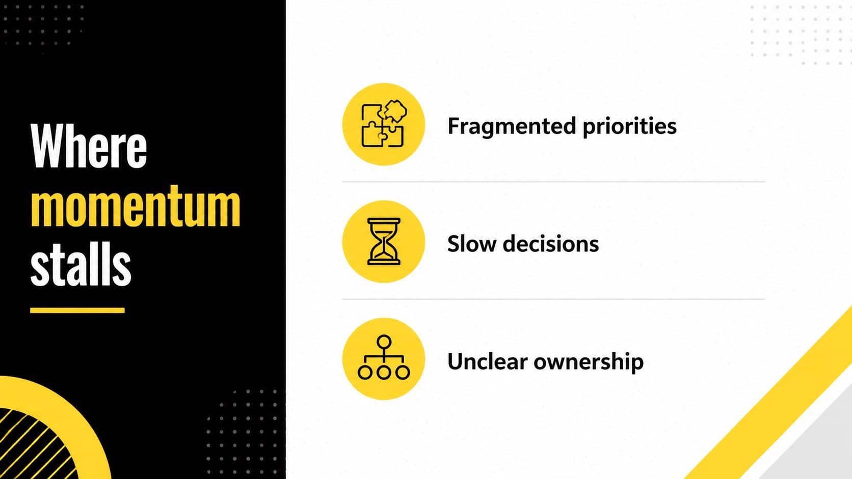 Business challenge slide with concise text and a bright yellow progress motif.