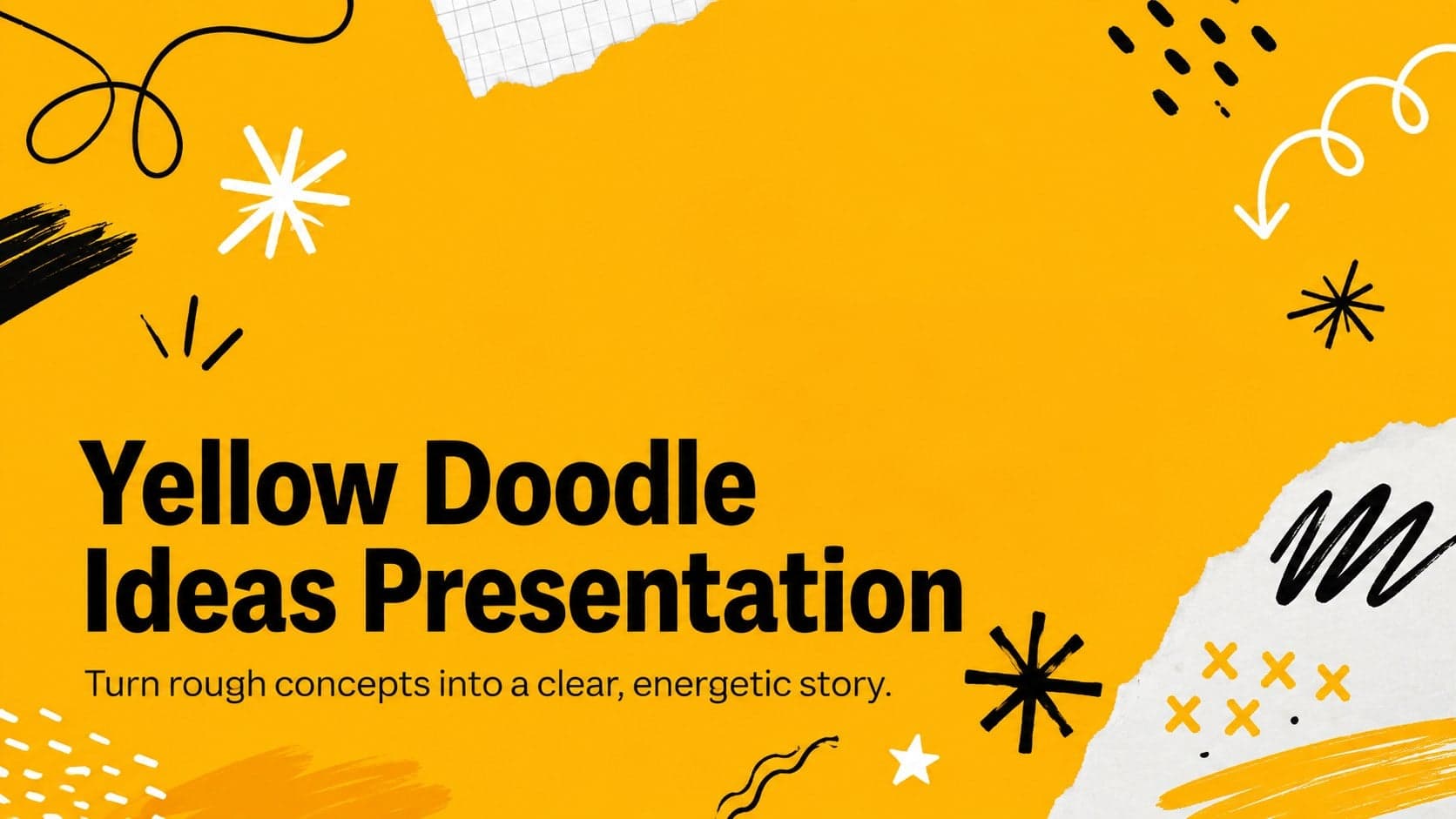 Cover of the Yellow Doodle Ideas Presentation with a bold yellow background and energetic monochrome sketch decorations.