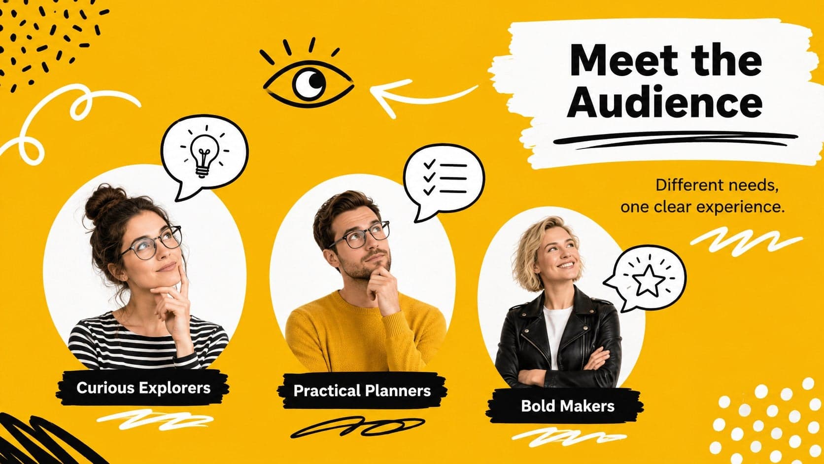 Audience insight layout from a playful brainstorming presentation template with three illustrated profile themes.