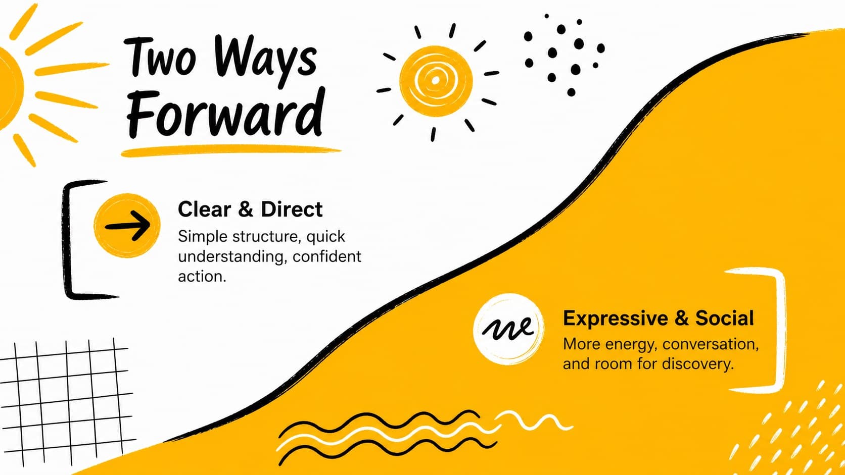 Yellow creative workshop slide comparing two concept directions with monochrome doodle accents.