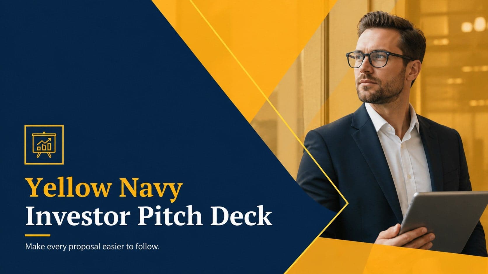Cover of the Yellow Navy Investor Pitch Deck with a formal navy layout and vivid yellow geometric accents.