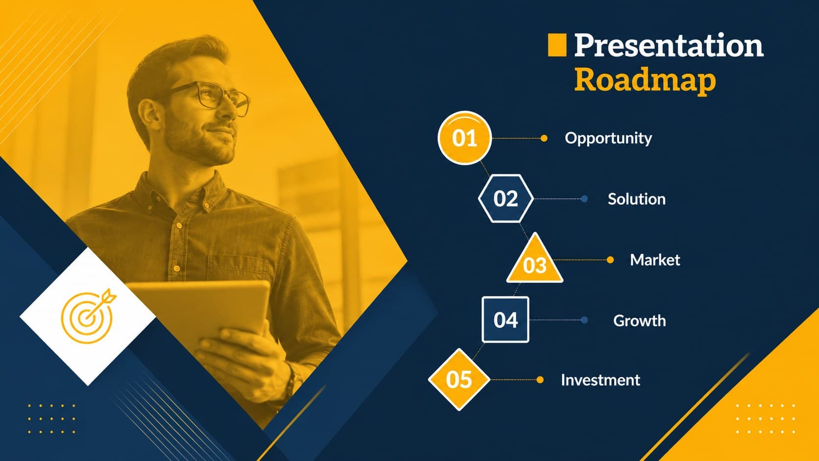 Agenda layout from a yellow and navy startup pitch deck with five clearly organized presentation sections.