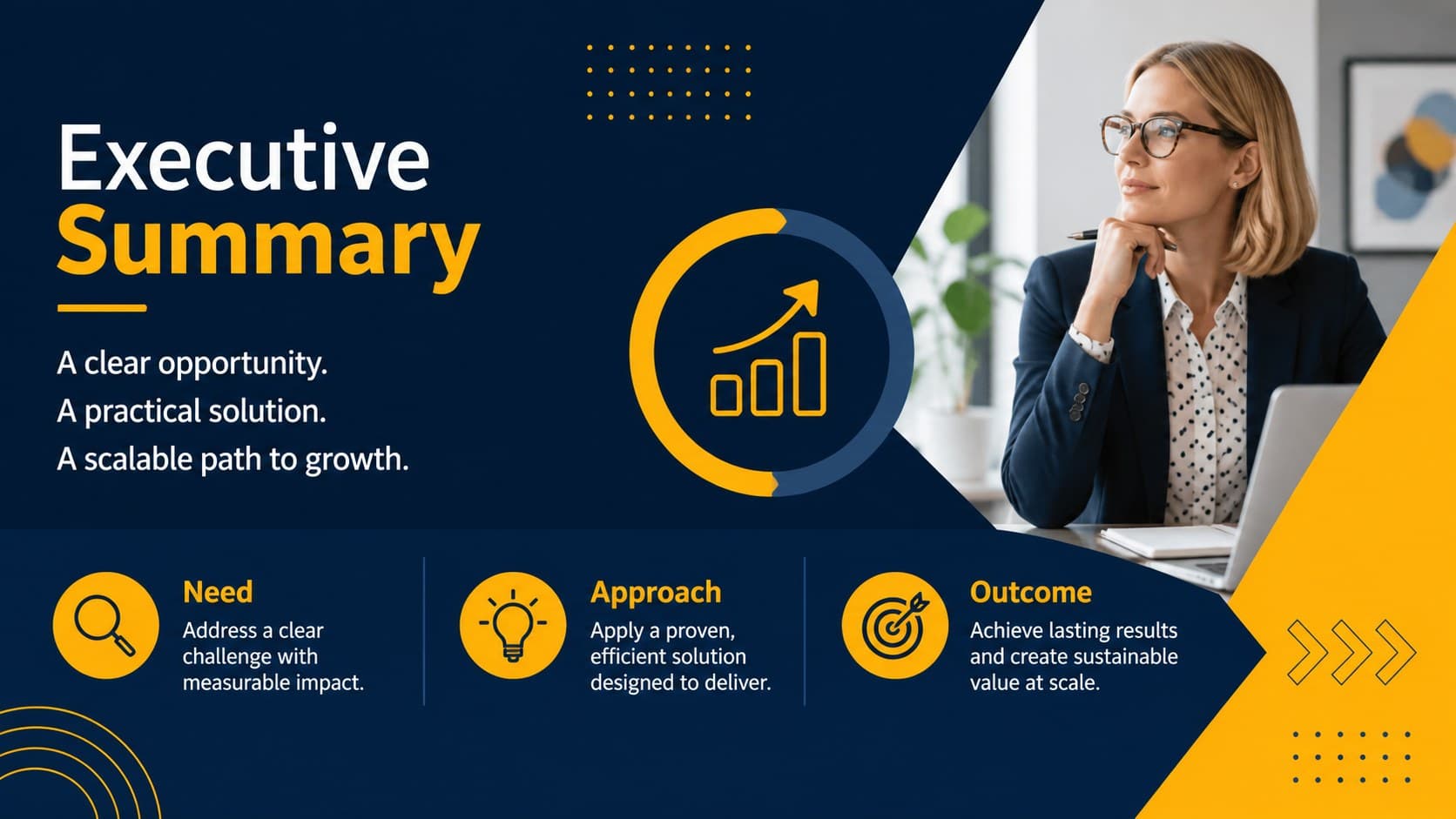 Executive summary slide for formal investor presentation slides with three concise business priorities.