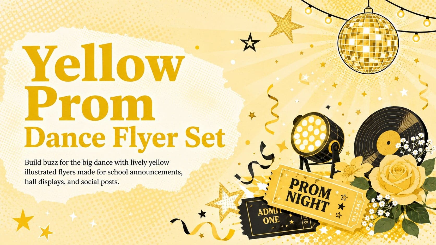 Cover for a yellow prom dance flyer set with festive illustrations and bold school event typography.
