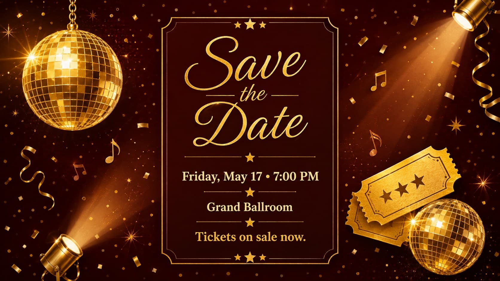 Editable prom dance flyer announcing the date, venue, and ticket availability in a yellow illustrated layout.