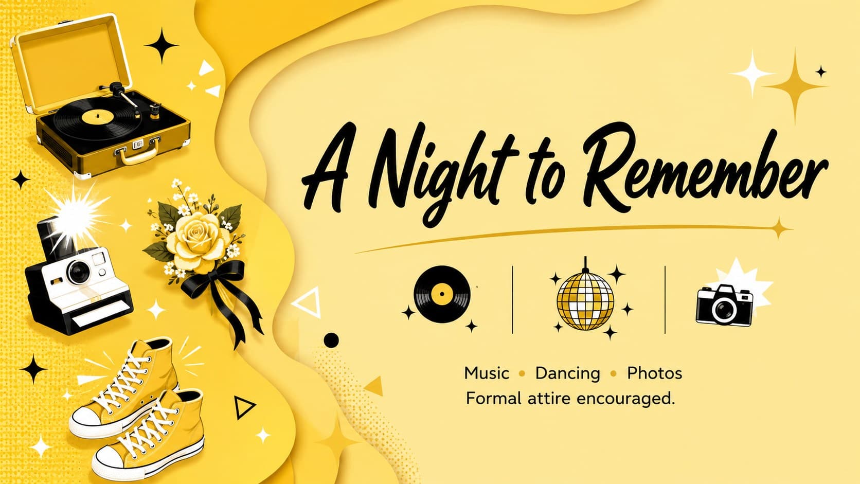 Yellow illustrated school dance poster highlighting music, dancing, photos, and formal attire.