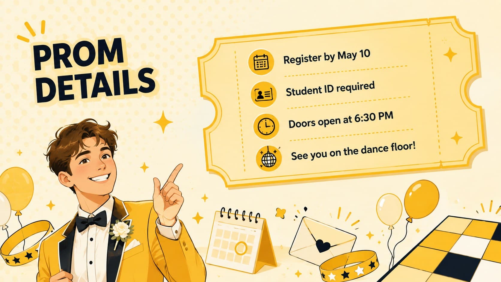 Prom details flyer in yellow with editable ticket, registration, venue, and event reminder information.