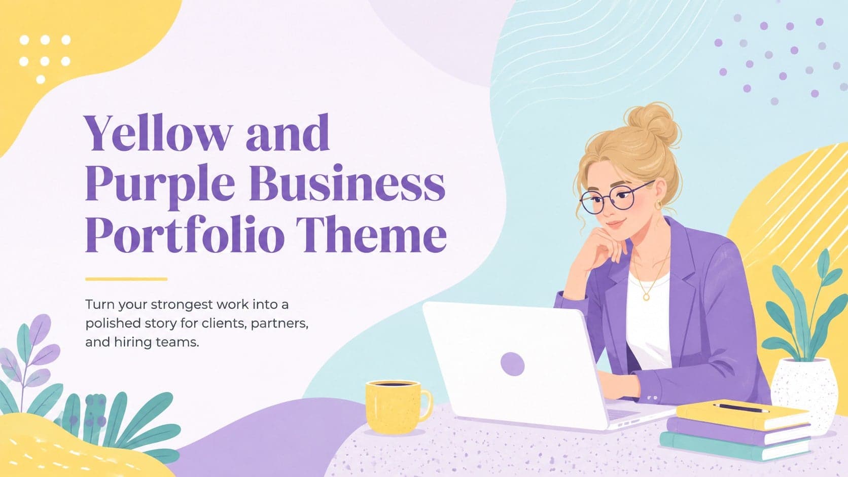 Cover of the Yellow and Purple Business Portfolio Theme with playful pastel artwork and a polished editorial title.