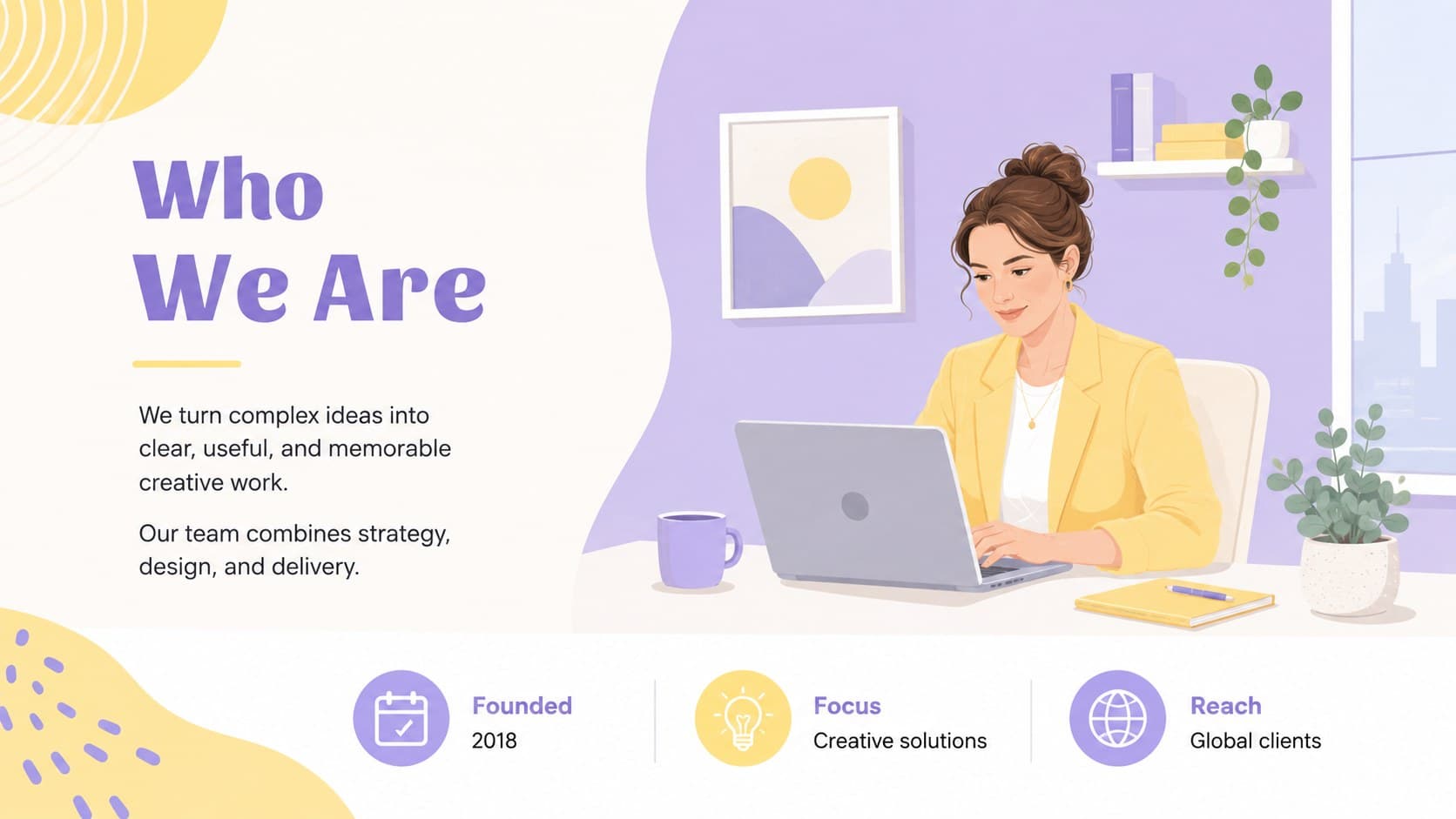Pastel company profile slide introducing a creative business through concise facts and an original illustration.
