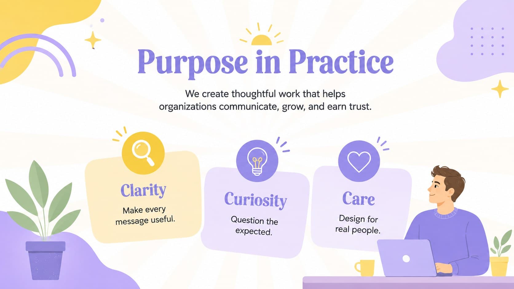 Yellow and purple mission slide presenting the purpose, vision, and values of a creative company.