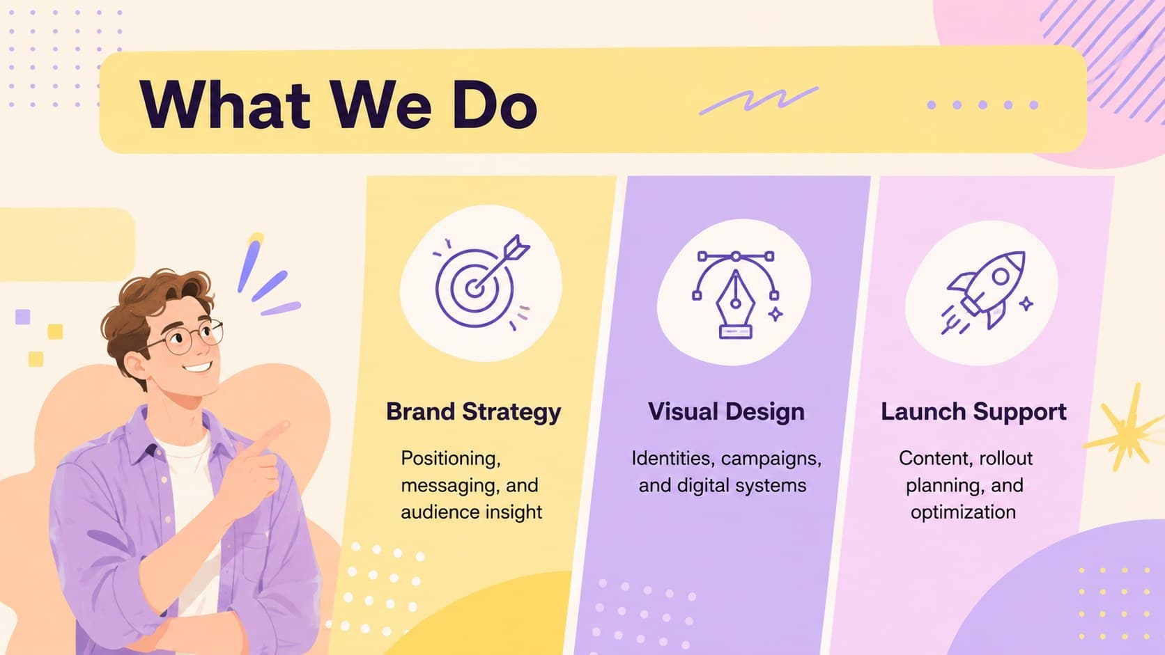 Illustrated agency services slide with three colorful service categories in a pastel business portfolio.