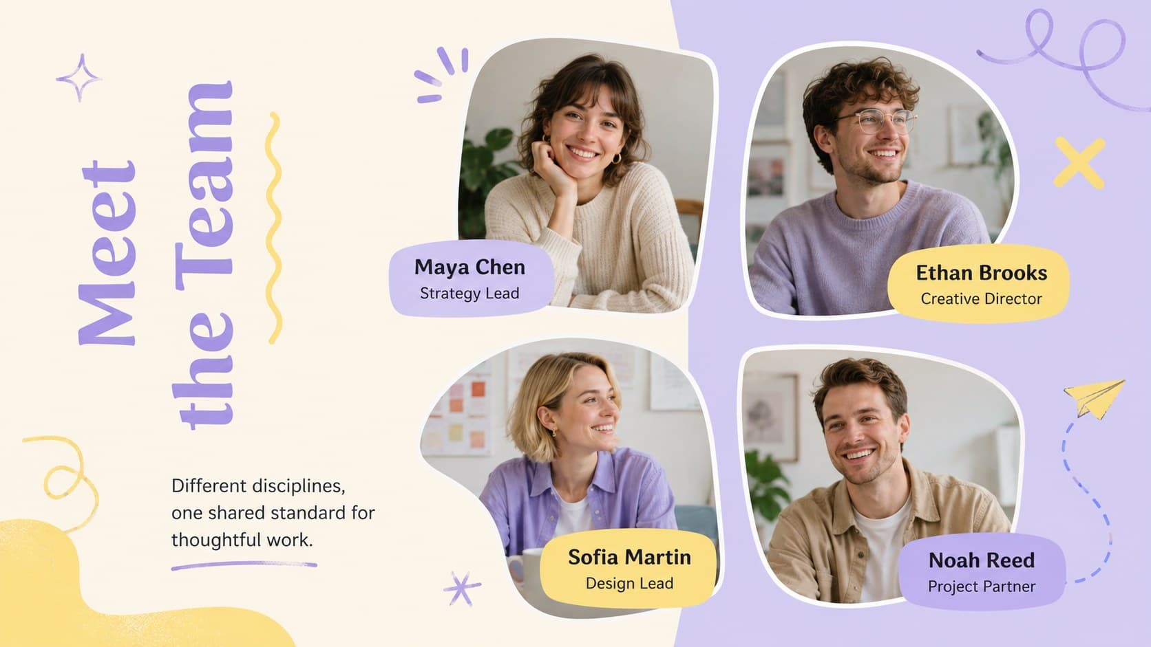 Creative studio team introduction slide featuring original illustrated portraits and concise role descriptions.
