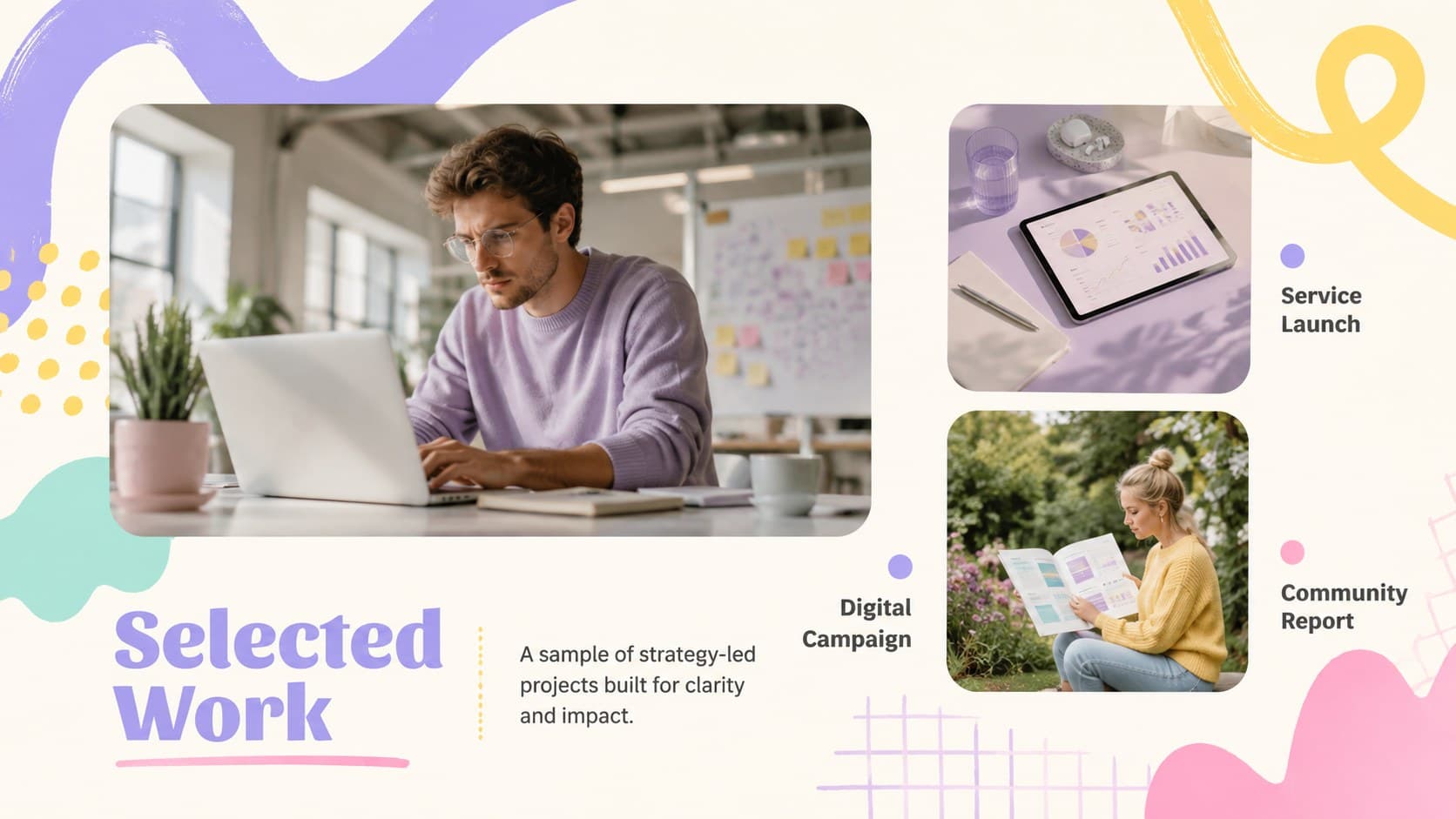 Selected work gallery showing three projects in a yellow purple company portfolio presentation.
