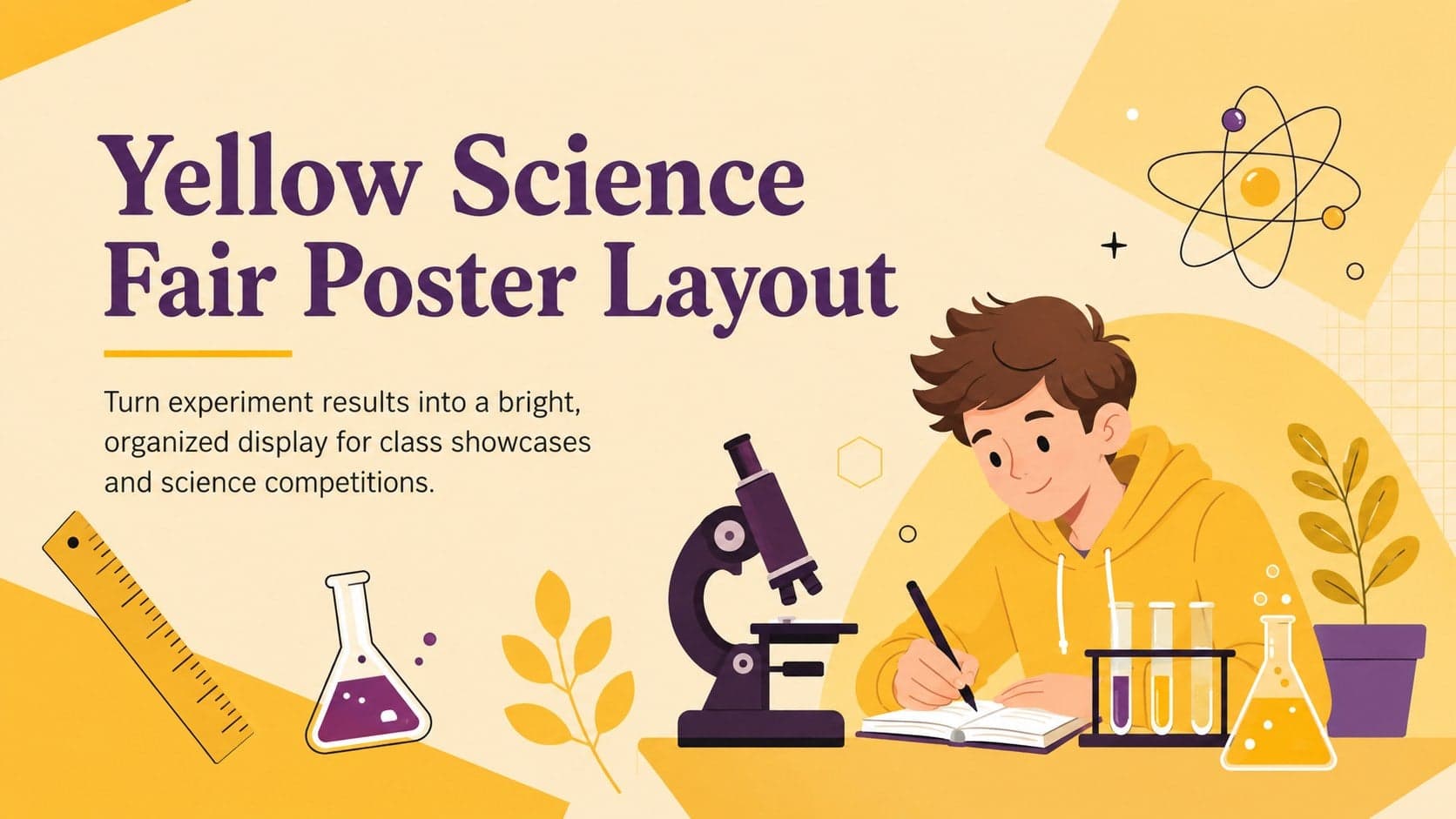 Cover of a yellow science fair poster layout with playful laboratory illustrations and an organized student project title.