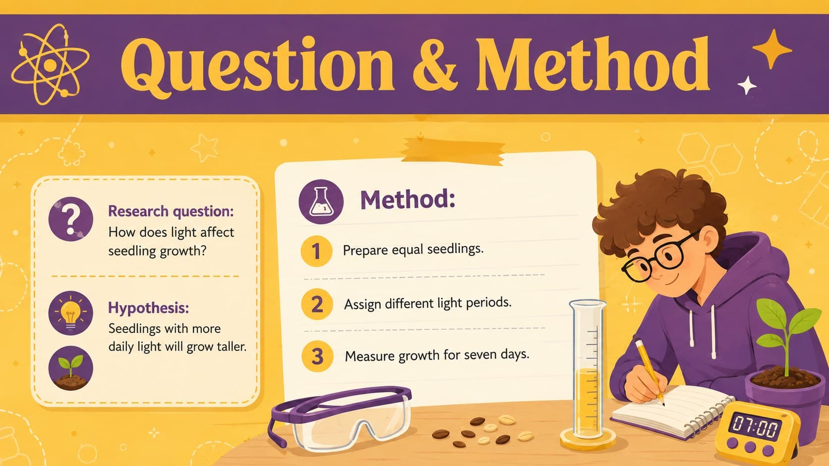 Illustrated STEM project display slide presenting a research question, hypothesis, and experiment method.
