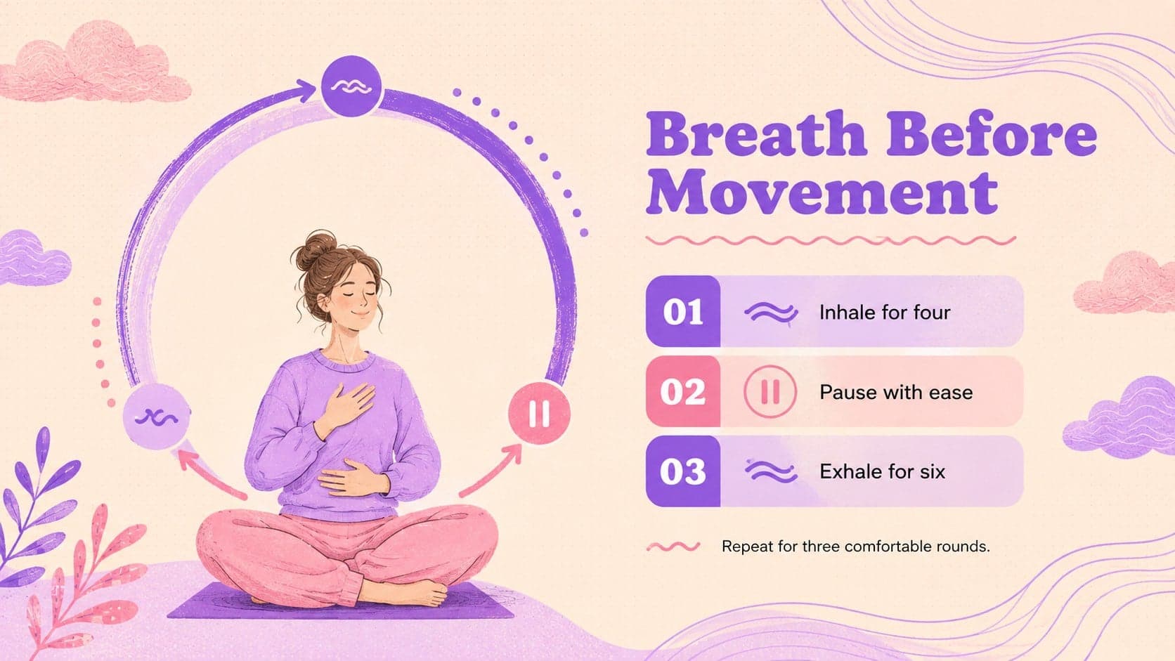 Mindful movement workshop slide presenting a simple three-step breathing exercise.