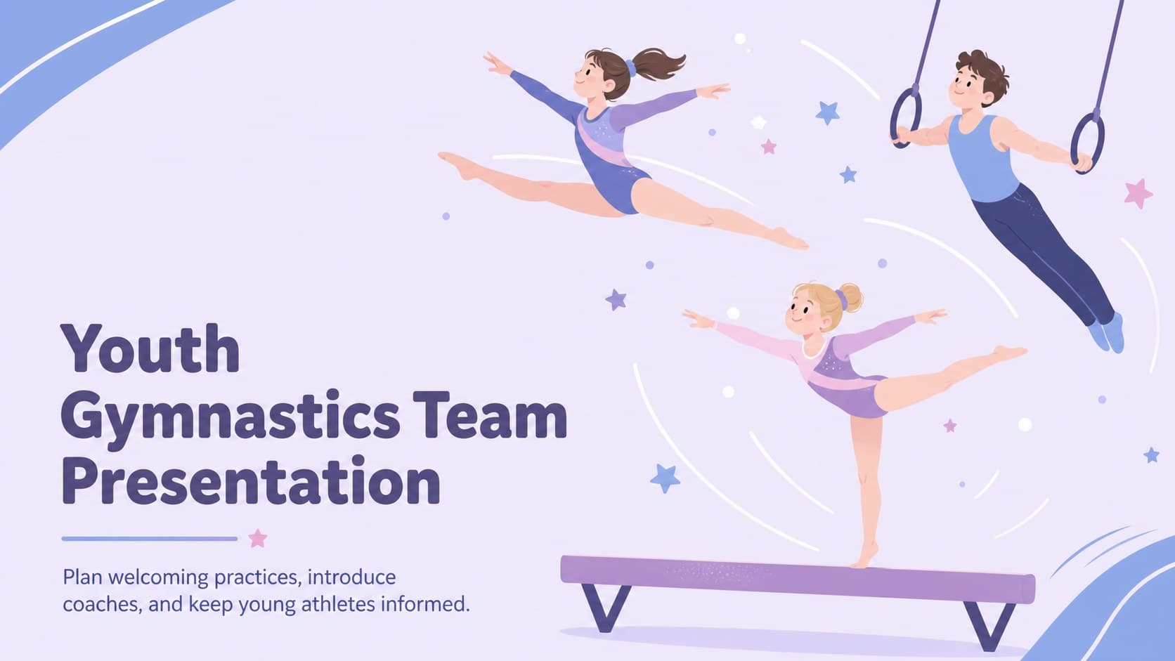 Cover of a youth gymnastics team presentation with pastel athlete illustrations in blue and purple.
