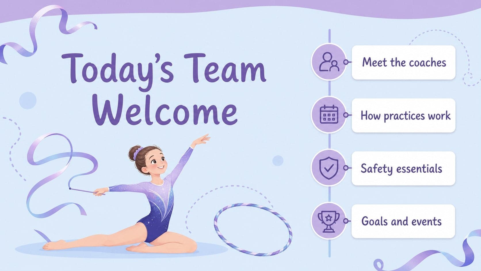 Pastel gymnastics club meeting slides showing an agenda for a youth team welcome session.