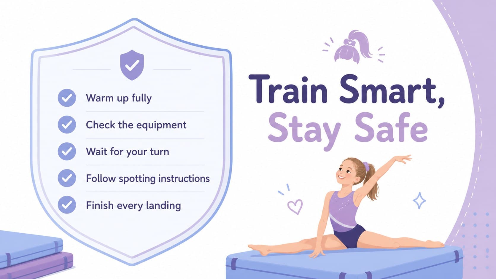 Gymnastics safety lesson slide with preparation, equipment, and landing reminders.