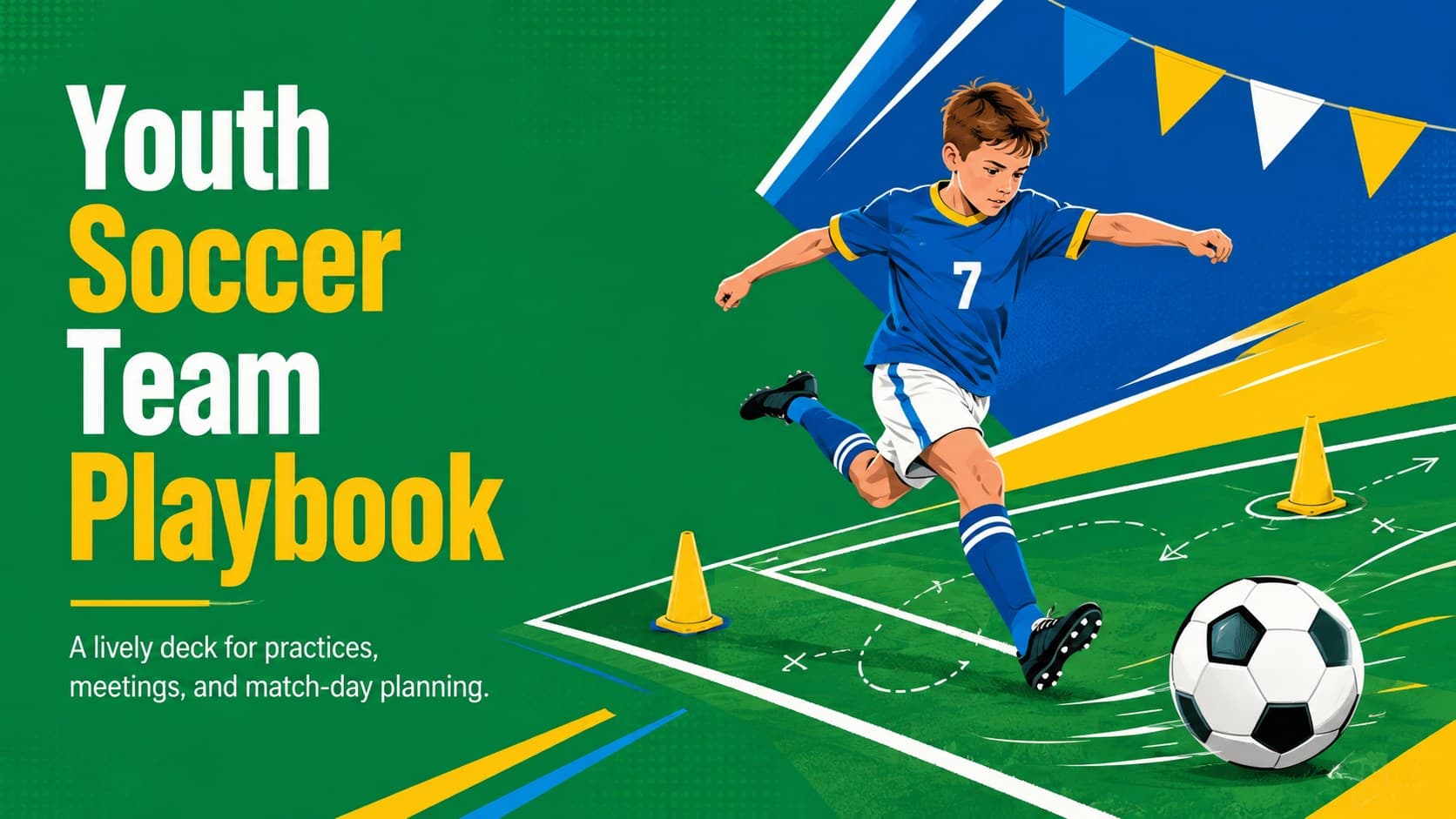 Youth soccer team playbook cover with bold geometric graphics in green, blue, and yellow.