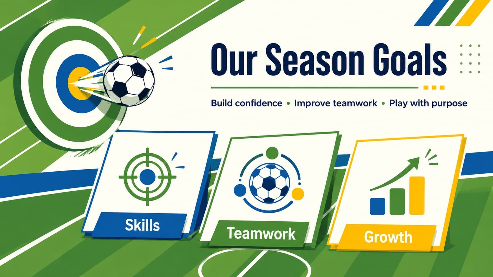 School soccer club presentation slide outlining the team's season goals.