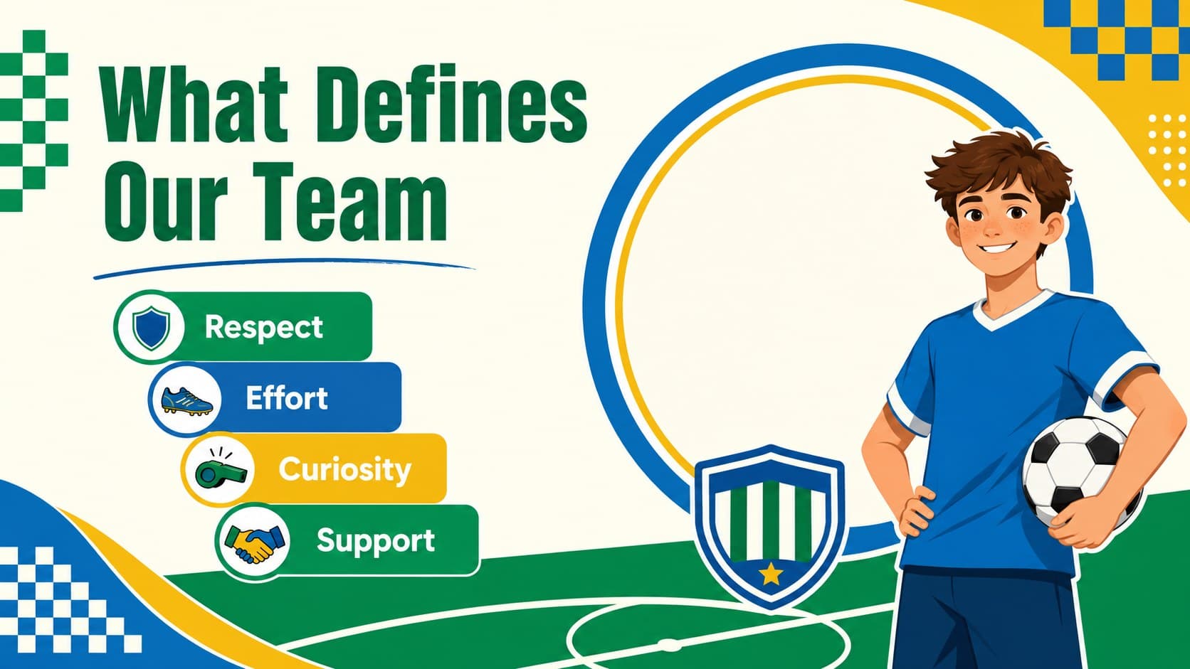 Youth football coaching deck slide presenting team identity and shared values.
