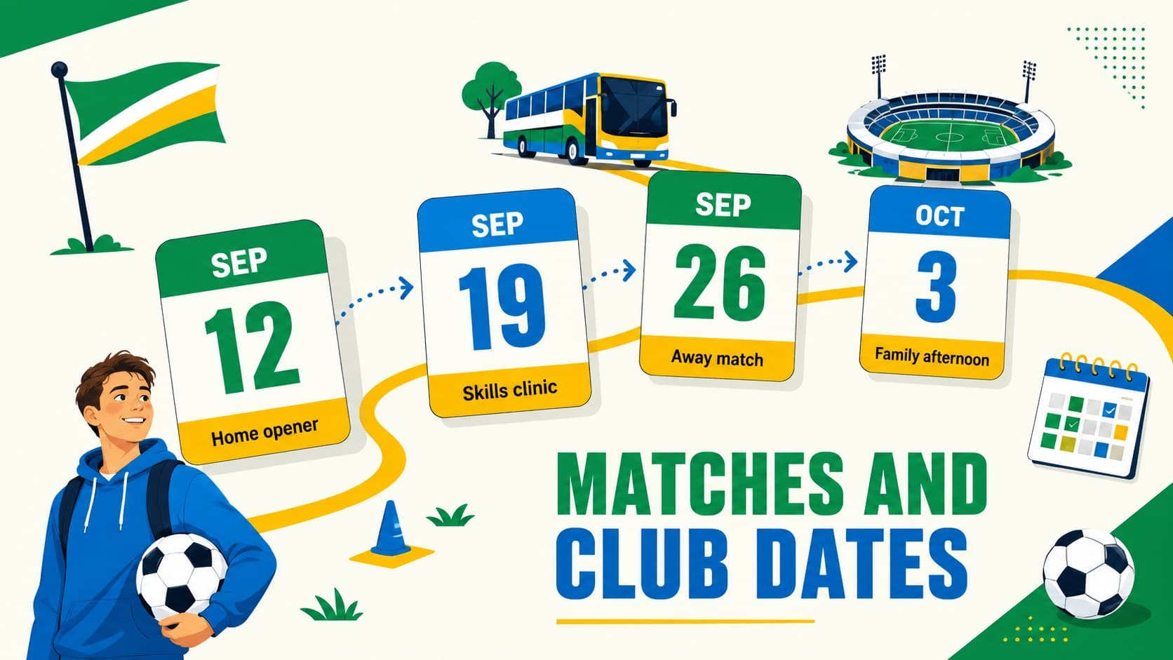 School football season planner displaying upcoming matches and club events.