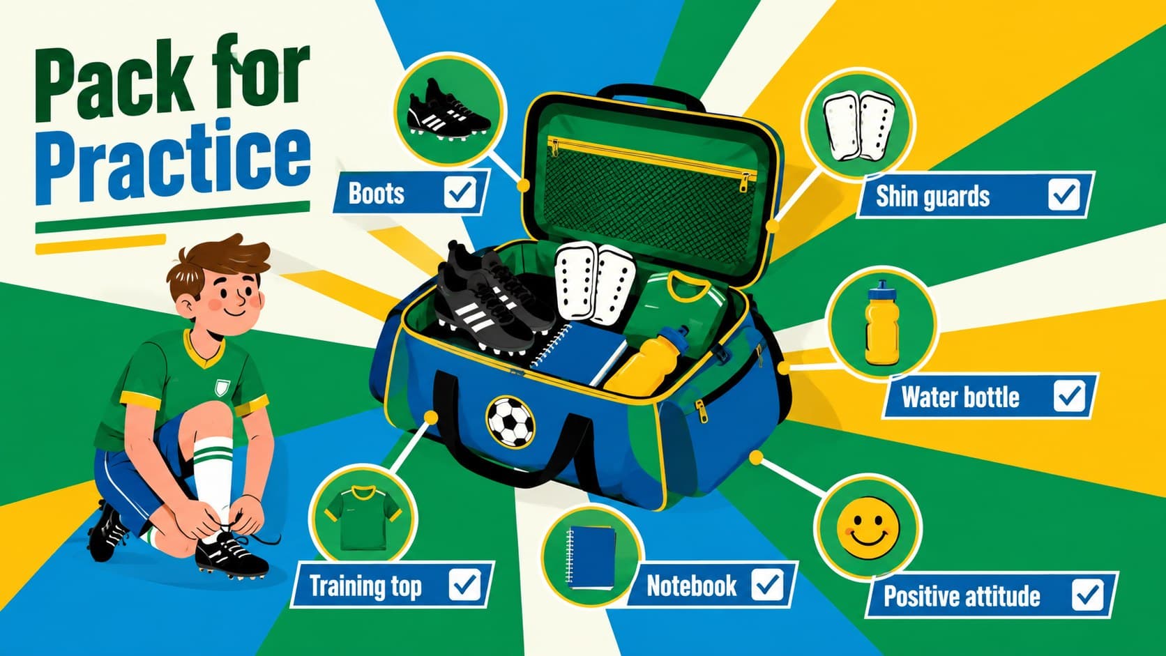 After-school sports program template slide listing essential soccer equipment.