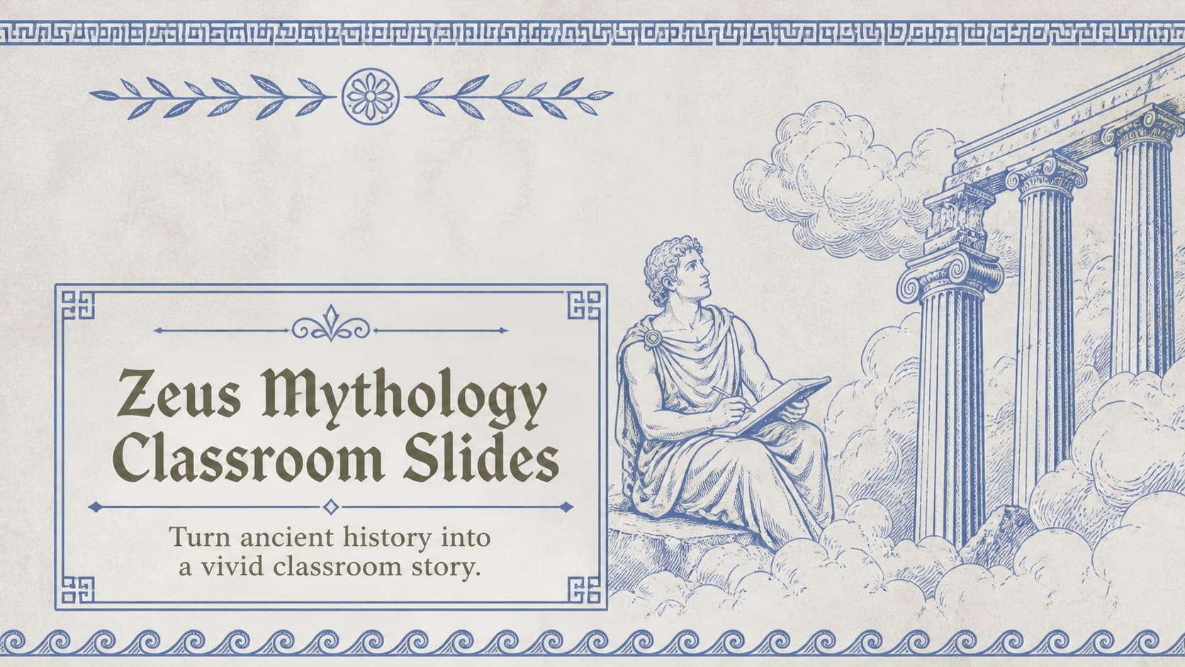 Cover of the Zeus Mythology Classroom Slides with blue-grey classical sketch artwork and a Mount Olympus theme.