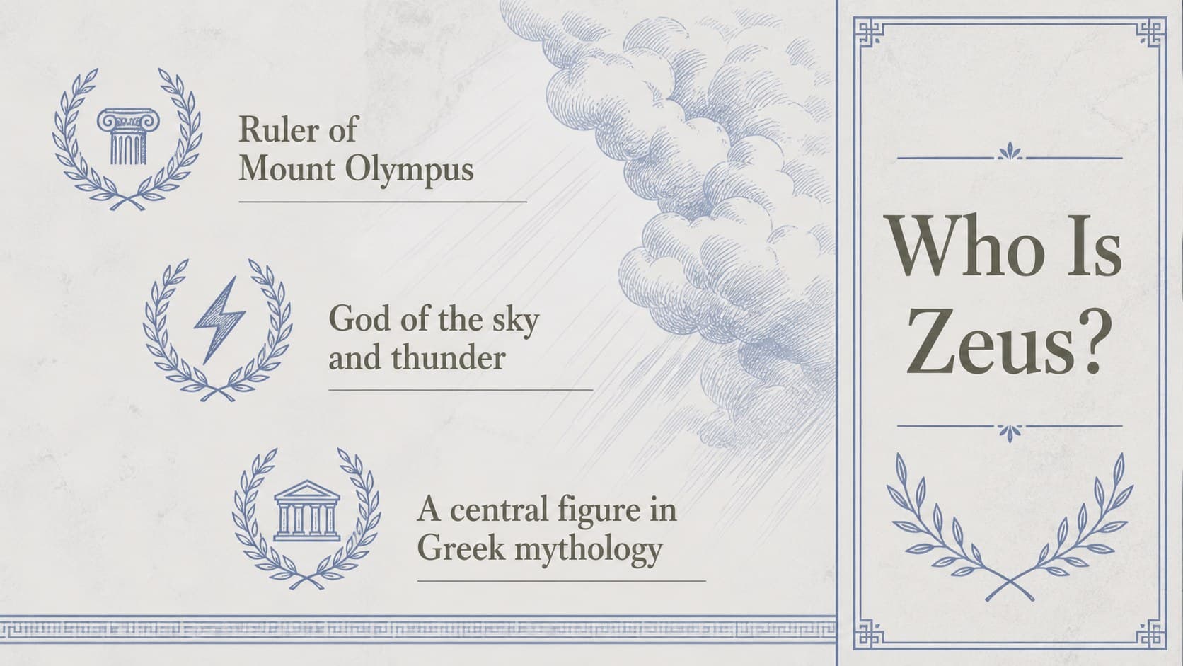 Zeus lesson overview slide introducing his role, realm, and place among the Olympian gods.