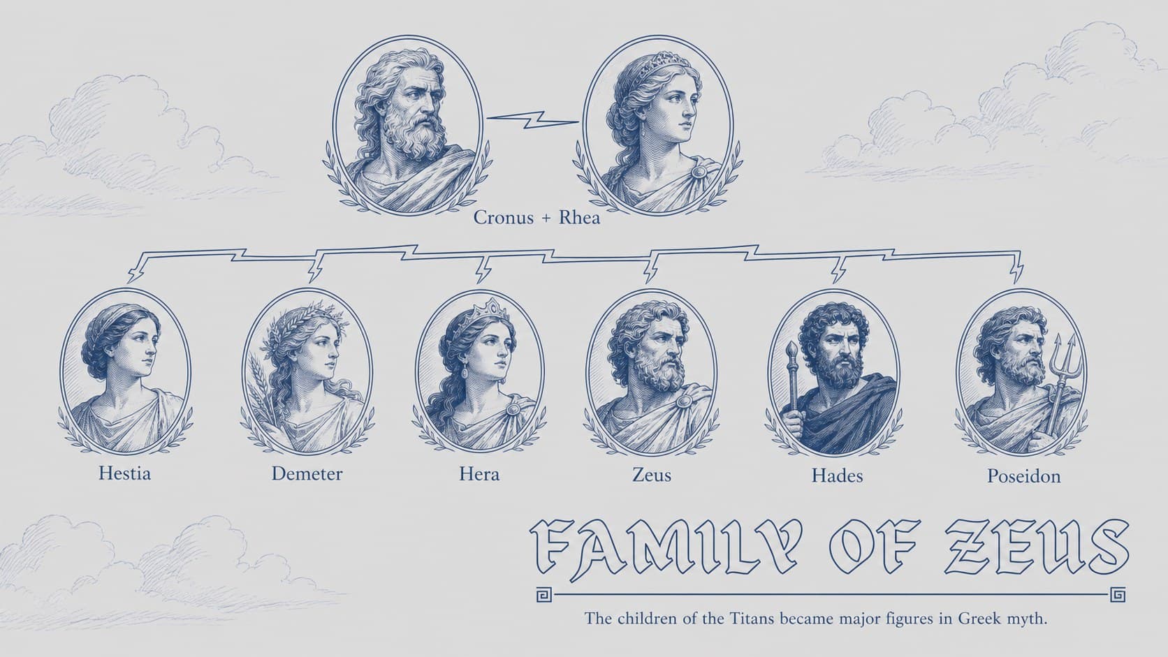 Zeus family tree lesson slide showing his parents, siblings, and selected Olympian relatives.