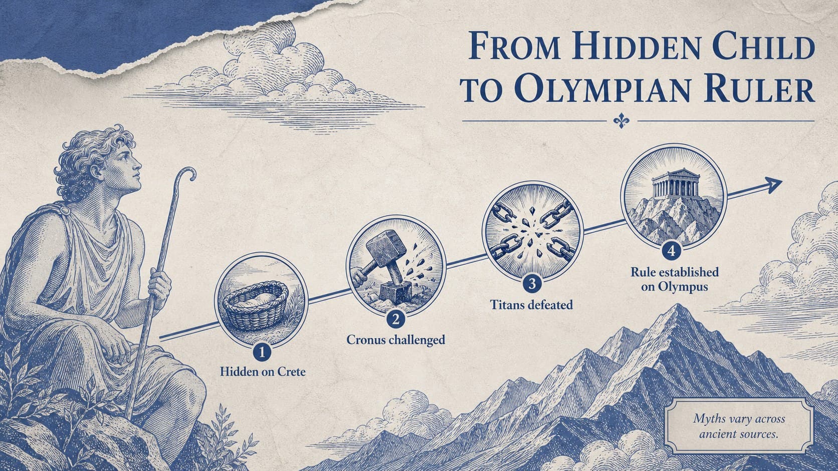 Blue-grey mythology timeline tracing Zeus from his hidden childhood to rule on Mount Olympus.