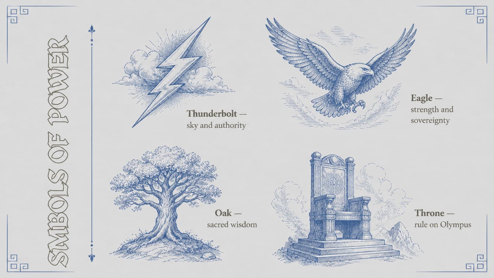 Zeus symbols and myths presentation slide featuring the thunderbolt, eagle, oak, and throne.