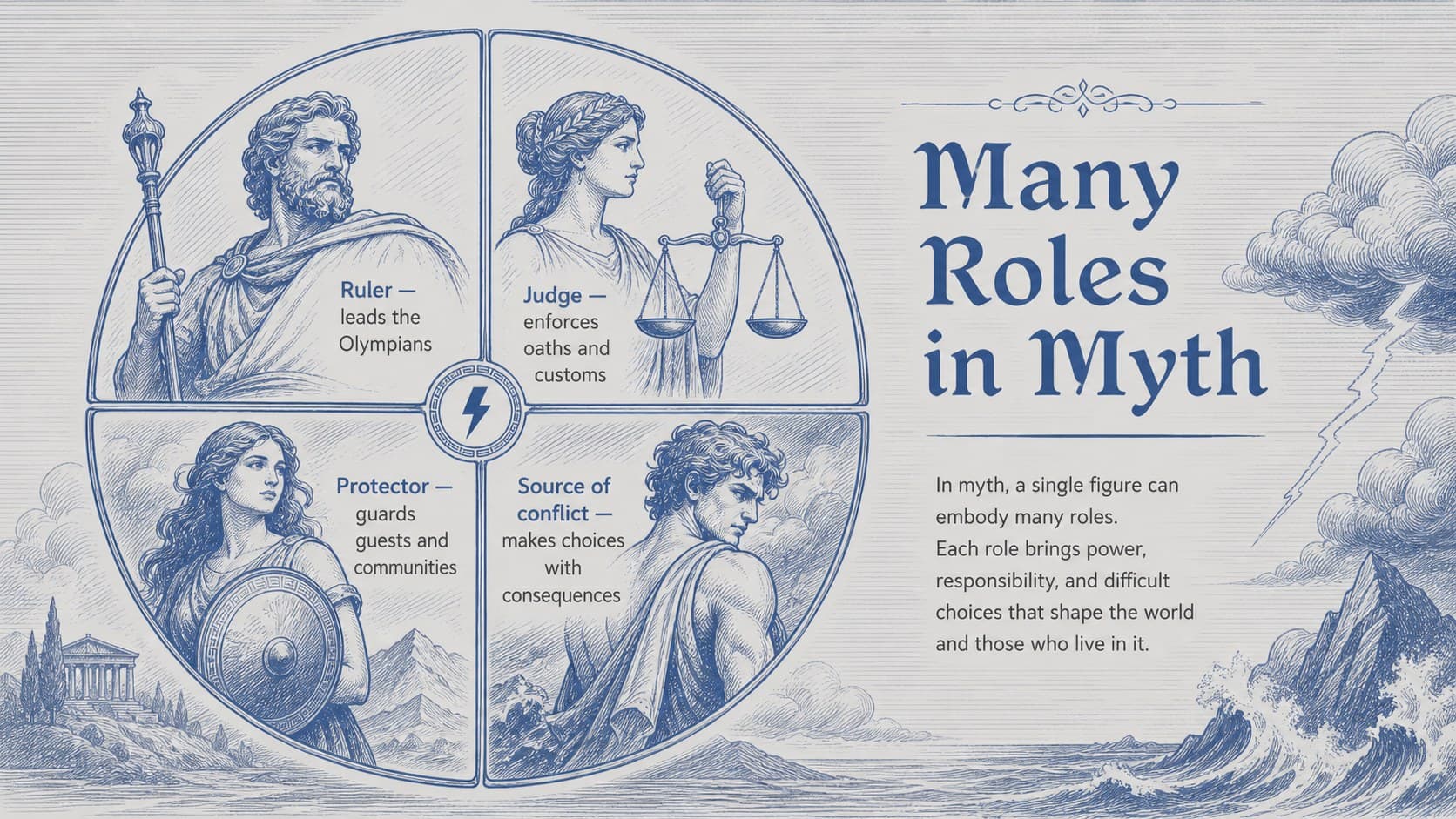 Greek mythology slide comparing Zeus as ruler, judge, protector, and source of conflict in ancient stories.