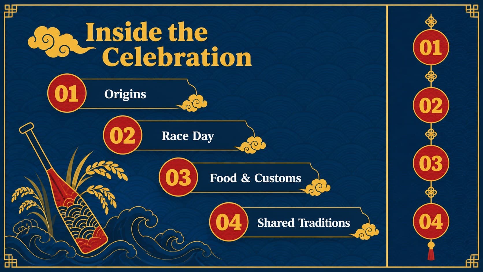 Agenda slide outlining the main sections of a dragon boat festival cultural heritage deck.
