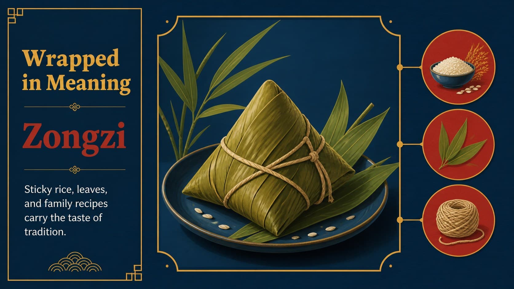 Zongzi food culture slide featuring an illustrated rice dumpling and short notes on its symbolism.